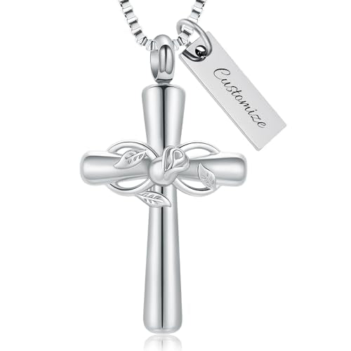 XSMZB Rose Flower Cross Cremation Jewelry for Ashes Human Pet Funeral Urn Pendant Cross Keepsake Ashes Necklace Memorial Gift - color: Customize