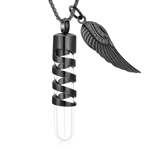Oinsi Clear Glass Tube Cremation Urn Jewelry Ashes Holder Necklace Keepsake Memorial Pendant Including Box/Fill Kits - color: Black (Angel wing)