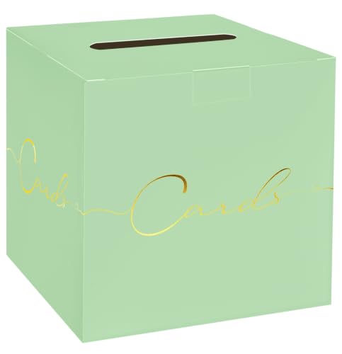 HEIPINIUYE Sage Green Wedding Card Box with Gold Foil 9.8" x 9.8" Green Large Gift Card Box for Party Wedding Reception Graduation Birthday Baby Shower Cardboard Raffle Envelope Box with Slot - color: Sage Green Card Box with Gold Foil