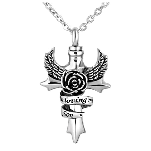 Cross Angel Wings Urn Necklace for Ashes in Loving Memory Dad Mom Grandma Grandpa Brother Sister Uncle Aunt Son Cremation Keepsake Memorial Jewelry - style: Son