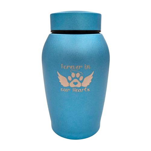 Pet Cremation Urn Engraved Stainless Steel | for Small Pets up to 20 Pounds | Blue | Beautiful Memorial for Dogs, Cats, Birds, Rabbits, Horses, and More - color: Blue - Forever in Our Hearts, size: Small