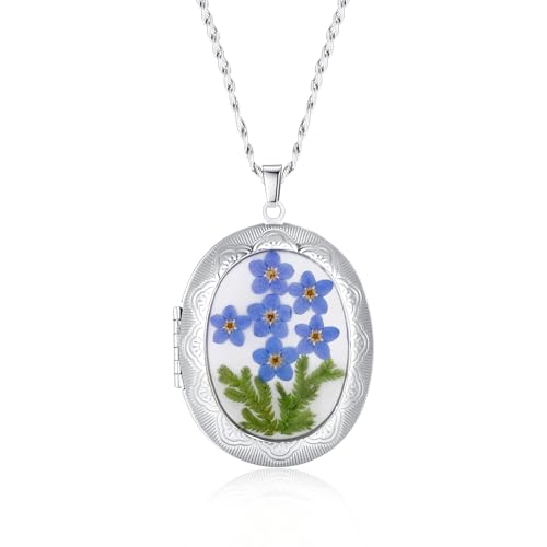 AUNTESIGN Forget-Me-Not and Queen Anne's Lace Pressed Wildflower Necklace | Birth Month Flowers Necklace | Gold/Silver Pressed Flower Jewelry | Mother's Day | Gift For Her - color: Forget-Me-Not Locket Necklace
