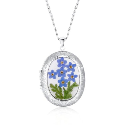 AUNTESIGN Forget-Me-Not and Queen Anne's Lace Pressed Wildflower Necklace | Birth Month Flowers Necklace | Gold/Silver Pressed Flower Jewelry | Mother's Day | Gift For Her - color: Forget-Me-Not Locket Necklace