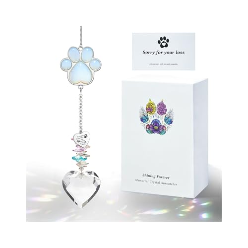 Dog Memorial Gifts, Pet Memorial Suncatcher, Loss of Dog Sympathy Gift | Thoughtful Dogs and Cats Bereavement Remembrance Gifts, Natural Cat's Eye Stone Paw Crystal Suncatcher - color: Moonstone
