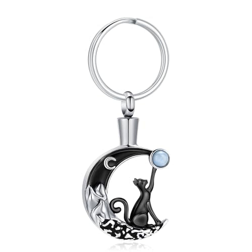constantlife Cat Moon Urn Necklace for Women Pet Cremation Jewelry for Ashes Stainless Steel Pendant Funeral Keepsake Loved Ones Memorial Gift - color: Black Keychain