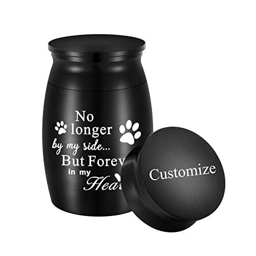 XIUDA 2.8 inches Mini Pet Memorial Small Urns for Dog and Cat Ashes, Stainless Steel Cremation Urn, Pet Paw Print Keepsake Urn for Ashes - No Longer by My Side Forever in My Heart - color: L Black-engraving
