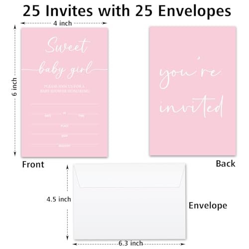 Sweet Baby Baby Shower Invitations for Girls, Pink Minimalism Invite Cards for Baby Announcement, 25 Set of Fill-in Invites with Envelopes, Gender Reveal Party Supplies -B16 - color: Pink-Oh Baby