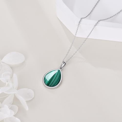 CRMAD Larimar/Opal/Lapis Lazuli/Tourmaline/Malachite/Labradorite/Turquoise/Onyx/Rose Quartz/Amber/Peridot Necklace for Women 925 Sterling Silver Teardrop Pendant Jewelry Gifts - color: malachite