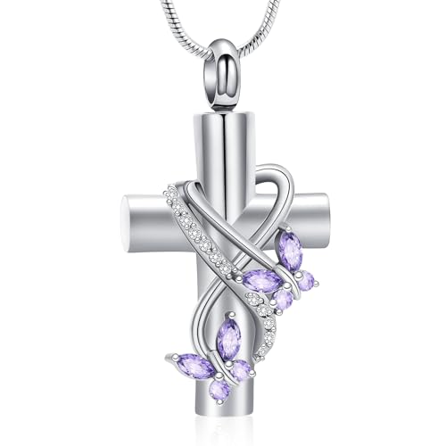 Cross Cremation Jewelry Butterfly Urn Necklace for Human Ashes for Women Men Memorial Ashes Keepsake Birthstone Pendant - color: Silver-Purple