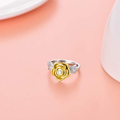 925 Sterling Silver Rose Flower Cremation Urn Ring Holds Loved Ones Ashes Cremation Keepsake Ring Jewelry Embellished with Crystals from Austria - color: Silver&Gold
