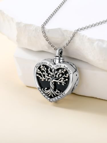 TOUPOP Tree of Life Urn Necklaces for Ashes 925 Sterling Silver Heart Cremation Jewelry Memorial Keepsake Jewelry with Funnel Filler for Women Men - color: A-Heart Tree of Life-Black Onyx