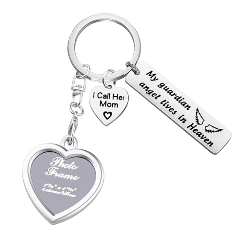 LQRI Sympathy Jewelry Loss of Mother Gift My Guardian Angel in Heaven I Call Her Mom Memorial Photo Frame Keychain