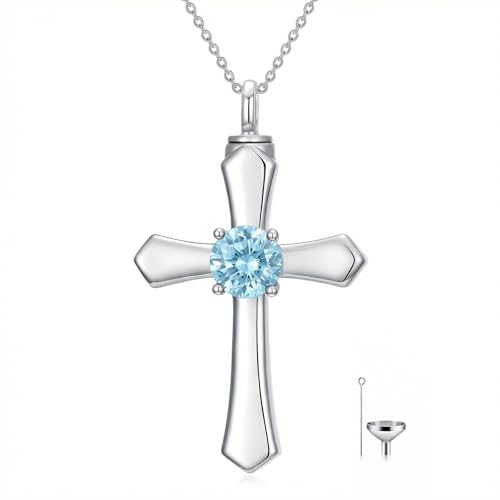 YYB Urn Necklace for Ashes Women Heart Birthstone Cross Cremation Jewelry | Memorial Keepsake Funeral Jewelry for Loved Ones (with Funnel Filler) - color: 03--Aquamarine March
