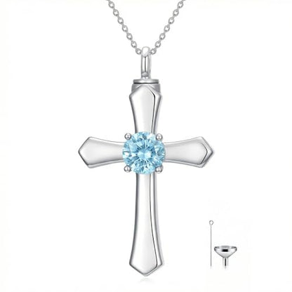 YYB Urn Necklace for Ashes Women Heart Birthstone Cross Cremation Jewelry | Memorial Keepsake Funeral Jewelry for Loved Ones (with Funnel Filler) - color: 03--Aquamarine March
