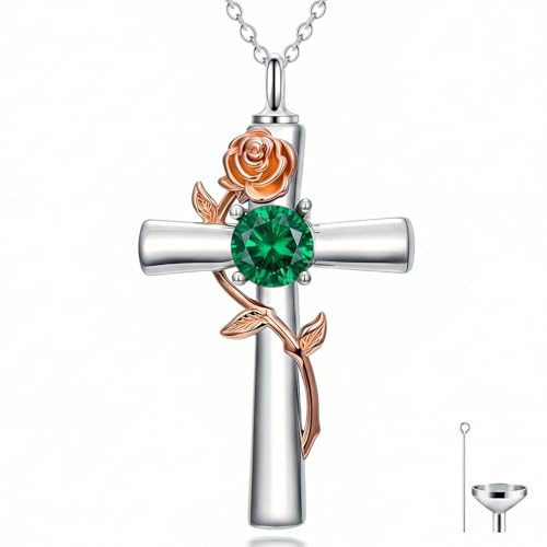YYB Rose Flower Urn Necklaces Cross Birthstone Cremation Jewelry for Ashes Memorial Keepsake Funeral Pendant for Women - color: 05-May-Emerald