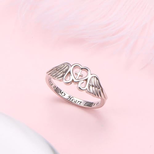 FLYOW S925 Sterling Silver A Piece of My Heart Lives in Heaven Angel Wing Ring for Women Jewelry Memory of Mom Dad Grandma Grandpa Daughter Son Loss Memorial Gift