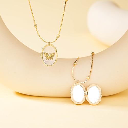 Gold Locket Necklace for Women Vintage, Heart Star Moon Butterfly Angel Holds Picture Photo Oval Locket Pendant Memorial Necklace Personalized Celestial Jewelry Birthday Gifts - style: Oval Butterfly