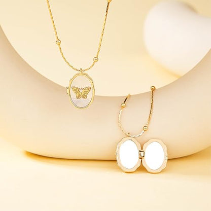 Gold Locket Necklace for Women Vintage, Heart Star Moon Butterfly Angel Holds Picture Photo Oval Locket Pendant Memorial Necklace Personalized Celestial Jewelry Birthday Gifts - style: Oval Butterfly