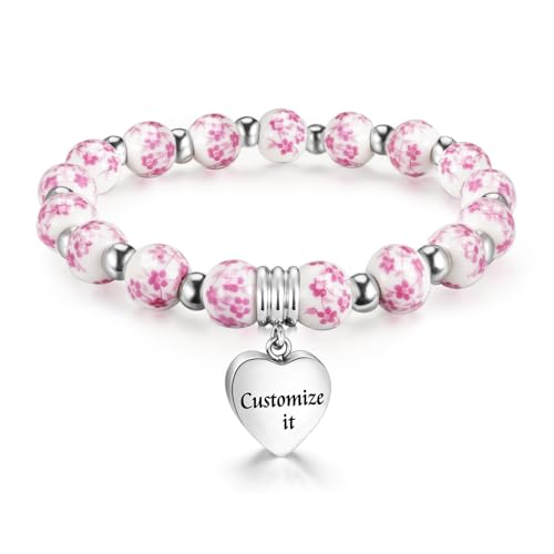 XIUDA Heart Cremation Memorial Urn Bracelet 316L Stainless Steel Keepsake Jewelry Urn Bracelet for Ashes for Women-With Me Always - style: Pink Flower, Engraved