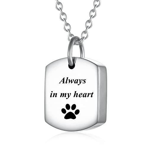 Stainless Steel Square Cremation Dog Tag Urn Necklace for Ashes — Pet Memorial Keepsake Jewelry for Dogs & Cats, Paw Print and Tree of Life Pendant for Women Men, Sympathy Bereavement Gift - color: Silver-2