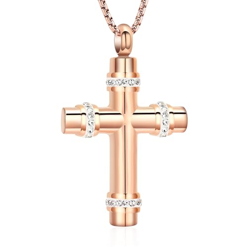 Urn Necklaces for Ashes Cross Cremation Jewelry for Ashes Memorial Ash Pendant with Hollow Keepsake Jewelry Gifts for Loss of Loved One with Funnel Filler Kit - color: A-Rose gold