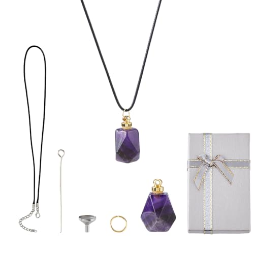 Crystal Keepsake Urn Natural Amethyst Perfume Bottle Pendant Wearable Small Container Jewelry Charm Urn Ashes Necklace Memorial Pendant Keepsake with Funnels Ashes for Pet or Human