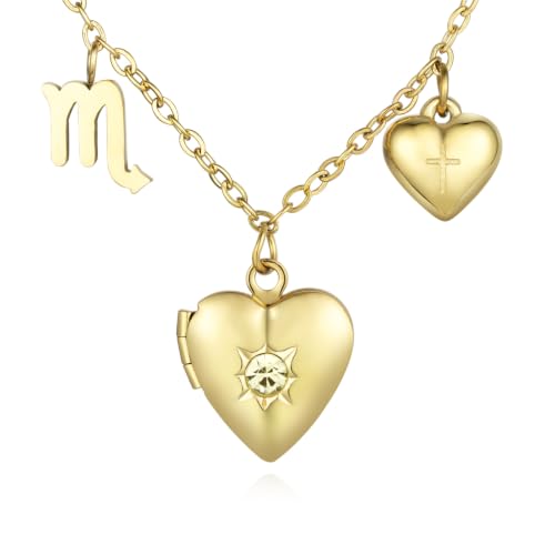18K Gold Photo Lockets that Hold Picture,Heart Locket Necklace,Zodiac Symbol with Cross Heart Pendant,Locket Necklace for Women,Chain 20 Inch,Perfect Christmas Thanksgiving Gift for Her - color: Scorpio (24/10-22/11)