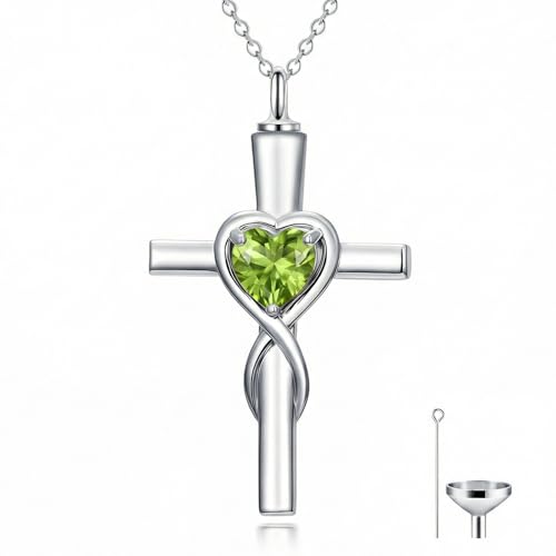 YYB Urn Necklace for Ashes Women Heart Birthstone Cross Cremation Jewelry | Memorial Keepsake Funeral Jewelry for Loved Ones (with Funnel Filler) - color: 08-Aug-Peridot