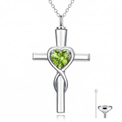 YYB Urn Necklace for Ashes Women Heart Birthstone Cross Cremation Jewelry | Memorial Keepsake Funeral Jewelry for Loved Ones (with Funnel Filler) - color: 08-Aug-Peridot