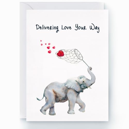 Watercolor Elephant "Thinking of You" Card – "Delivering Love Your Way" – Heartfelt Encouragement & Support Card for Friends, Family – 5x7 Premium Textured Art Stationery – Blank Inside
