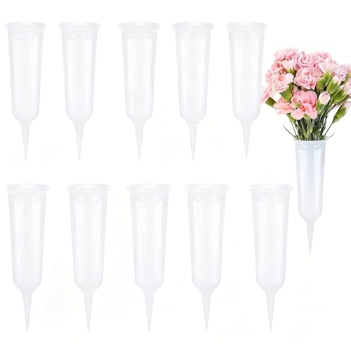 10-Pack Cemetery Vases with Spikes for Graves | 7.7x25 cm, PP plastic, white, rustproof, memorial flower holder, for outdoor lawn, gravesite decoration - color: White