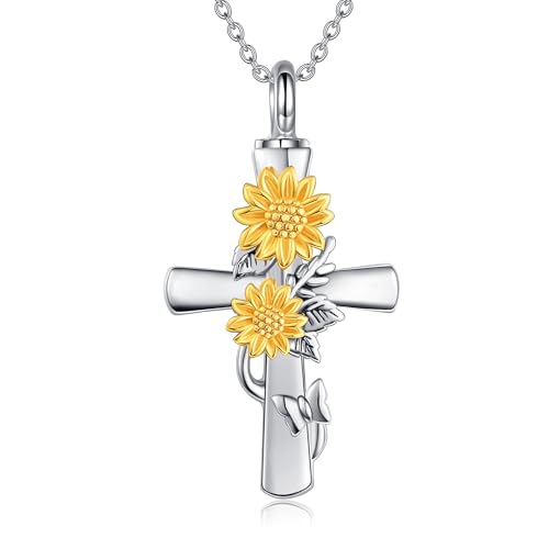 MONGAS Sunflower Cross/Sea Turtle/Phoenix/Angel Wing Urn Necklace for Ashes Sterling Silver Sunflower Cross/Sea Turtle/Phoenix/Angel Wing Cremation Jewelry for Ashes for Women - style: Sunflower Cross