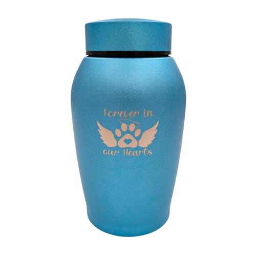 Pet Cremation Urn Engraved Stainless Steel | for Medium Pets up to 70 Pounds | Blue | Beautiful Memorial for Dogs, Cats, Birds, Rabbits, Horses, and More - color: Blue - Forever in Our Hearts, size: Medium