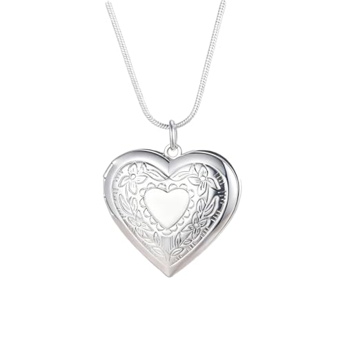 925 Sterling Silver Necklace for Women – Layered Stackable Choker Necklaces with Heart Photo Locket & Star - Pendant 18" Chain Gift for Wife, Mom, Girlfriend, Birthday, Anniversary, Valentine’s Day - color: Carved heart