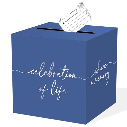 QISOLIY Blue Celebration of Life Card Box with Silver Lettering, Share a Memory Funeral Card Box for Memorial Service, Remembrance Table Decor, Memory Box for Sympathy Condolence Messages - color: Blue Silver Box