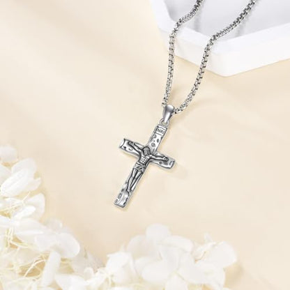925 Sterling Silver Cross Necklace for Men & Women Crucifix Jesus/Cross Pendant with 22"+2" Stainless Steel Chain Jewelry Gift for Christmas, Father's Day, Mother's Day, Birthday-Gift Box Included - style: B01 Crucifix