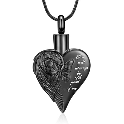 Love Heart Cremation Jewelry Urn Necklaces Butterfly Urn Necklaces for Ashes Memorial Keepsake Pendant for Women Men Gifts With Funnel Kit & Bag - color: Black