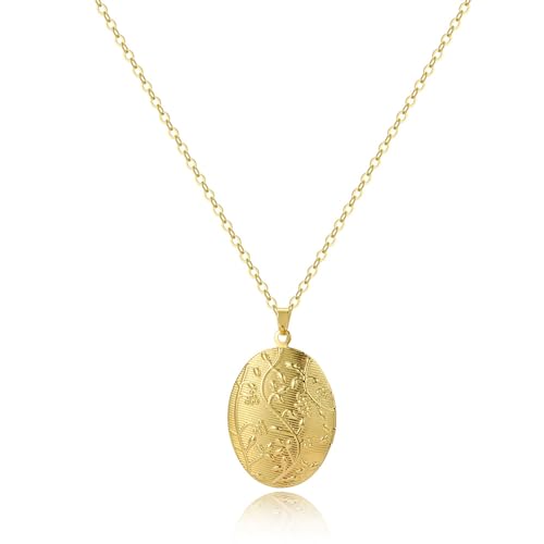 Caiyao Vintage Engraved Flower Empaistic Photo Locket Hold Picture Oval Round Pendant Necklace Antique Carved Pattern Souvenir Memorial Clavicle Jewelry for Women - color: gold flower