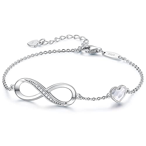 CDE 925 Sterling Silver Infinity Birthstone Bracelet Jewelry Gift for Women | Hypoallergenic,Non Tarnish,Heart CZ,Nickel-Free & Lead-Free,Anniversary Christmas Birthday Idea Gifts for Wife Girlfriend Her - color: Crystal-White