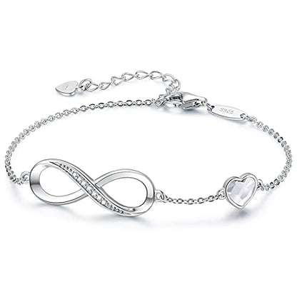CDE 925 Sterling Silver Infinity Birthstone Bracelet Jewelry Gift for Women | Hypoallergenic,Non Tarnish,Heart CZ,Nickel-Free & Lead-Free,Anniversary Christmas Birthday Idea Gifts for Wife Girlfriend Her - color: Crystal-White