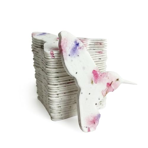 24 Pink & Blue Hummingbird Plantable Memorial Gift Tags | Writable wildflower seed tags for funeral favors, sympathy gifts, memorial services, and celebration of life keepsakes - color: Pink & Blue, style: Humming Bird