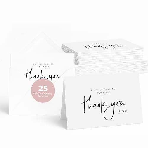 Blank Thank You Cards with Envelopes by ThreeKin - 25 Folded 3.5 x 5 Inch Cards for Weddings, Graduations, Baby Showers, Business & Birthdays - All Occasion Stationery Set, US Owned Business - style: Thank You