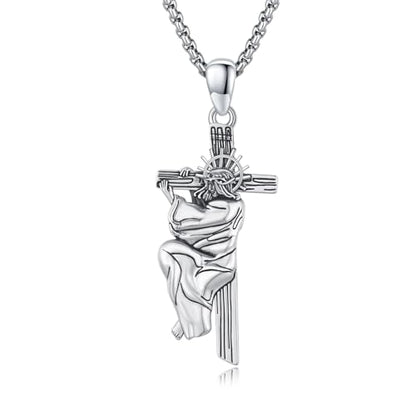 Crucifix Necklace for Men 925 Sterling Silver Jesus Cross Necklace Crucifix Cross Pendant Protection Jewelry for Men Women - style: B06-Hanging Cross-Silver