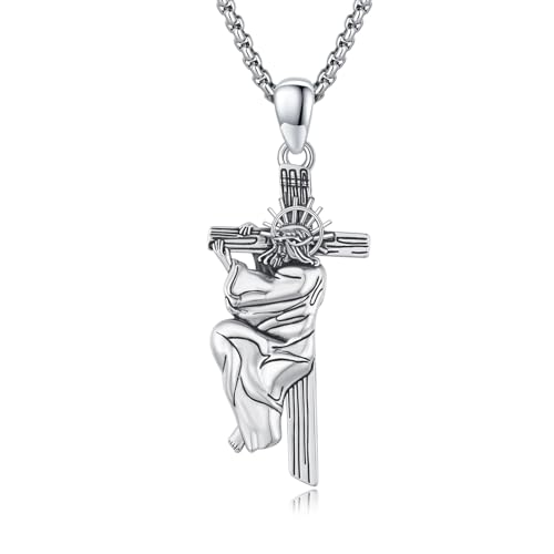 Crucifix Necklace for Men 925 Sterling Silver Jesus Cross Necklace Crucifix Cross Pendant Protection Jewelry for Men Women - style: B06-Hanging Cross-Silver
