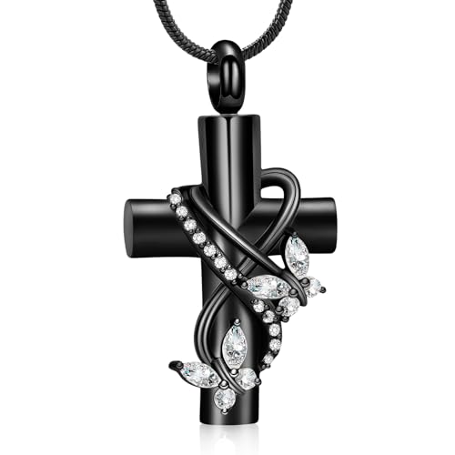 Butterfly Cross Cremation Jewelry Urn Necklaces Stainless Steel Cross Urn Necklaces for Ashes Memorial Keepsake Pendant for Women Gifts With Funnel Kit & Bag - color: Black+White