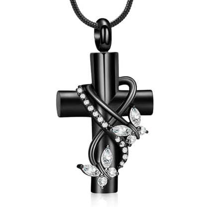 Butterfly Cross Cremation Jewelry Urn Necklaces Stainless Steel Cross Urn Necklaces for Ashes Memorial Keepsake Pendant for Women Gifts With Funnel Kit & Bag - color: Black+White