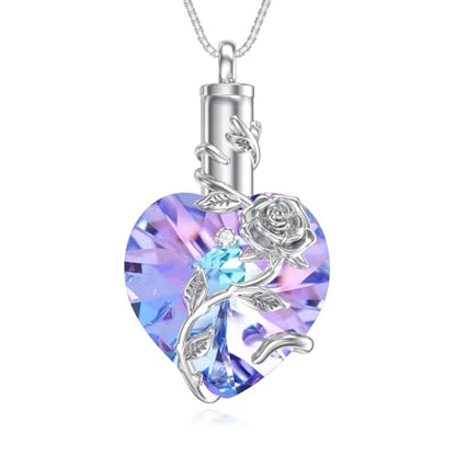 OCJ Heart Rose Flower Urn Necklace for Ashes Women Birthstone Cremation Necklaces Sterling Silver Memorial Cremation Jewelry Gifts - color: 02-Feb-Amethyst