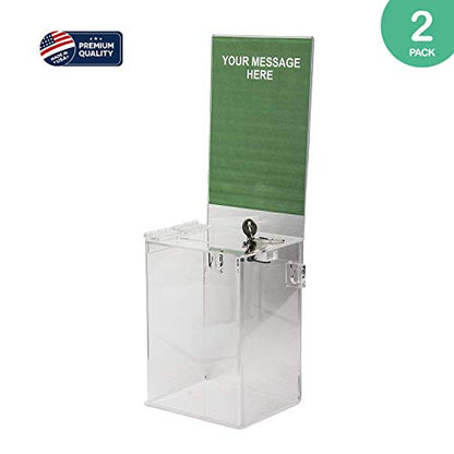 Clear-Ad - Clear Acrylic Ballot & Donation Box 5x7x4 with Lock and Sign Holder - Plastic Countertop Container for Voting, Charity, Survey, Raffle, Contest, Suggestions, Tips, Comments (Pack of 2) - size: 5 x 7 x 4 Clear - 2