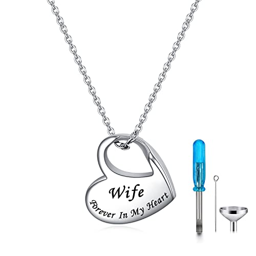 Heart Urn Necklace for Ashes Cremation Jewelry Forever in My Heart Engraved Stainless Steel Keepsake Waterproof Memorial Pendant for loved One with Filling Kit - color: Wife