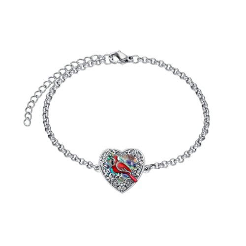 Urn Bracelet for Ashes 925 Sterling Silver Heart Cremation Bracelet Memorial Keepsake Jewelry Gifts for Women - color: 10-Cardinal Urn Bracelet
